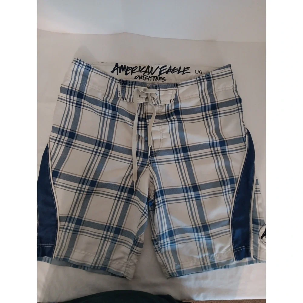 American Eagle Outfitters Mens Blue White Plaid Board Shorts Swim Trunks Size L